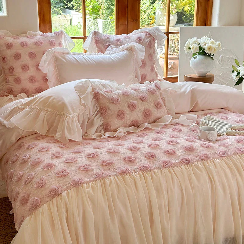 Afralia™ Pink Rose Flowers Lace Ruffles Princess Wedding Bedding Set