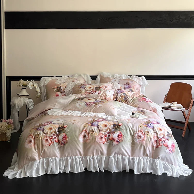 Afralia™ French Flowers Lace Ruffles Bedding Set: Soft Silky Ice Silk for Single Queen King
