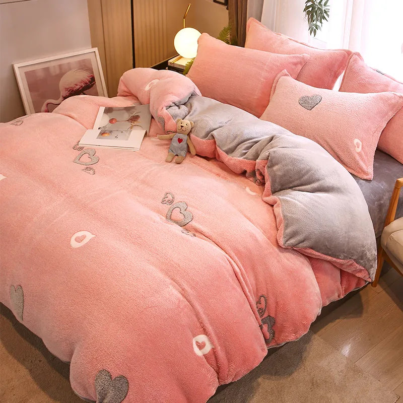 Afralia™ Flower Print Thicken Winter Warm Bedding Set with Sheet Pillowcases