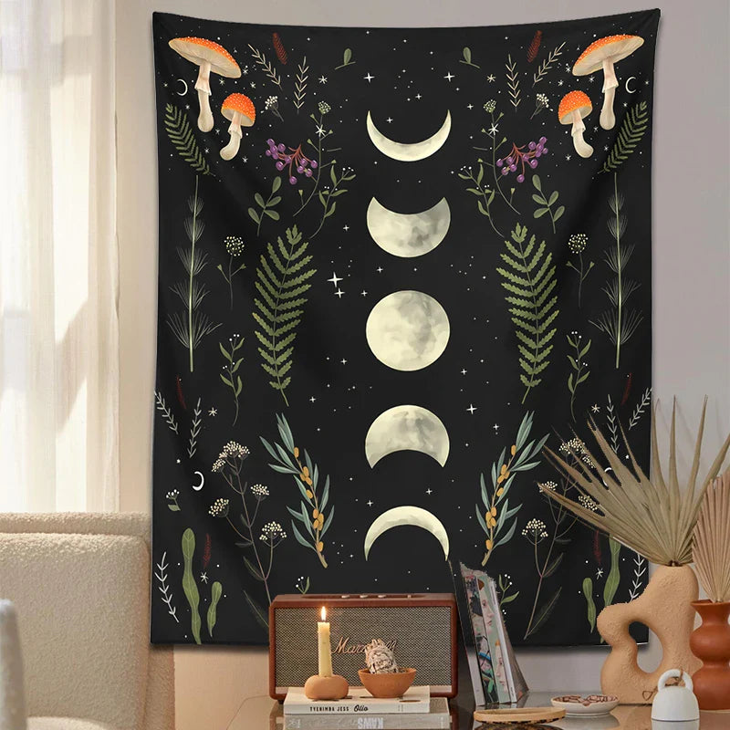 Afralia™ Moon Phase Mushroom Tapestry Wall Hanging Tapestries - Boho Room Decor