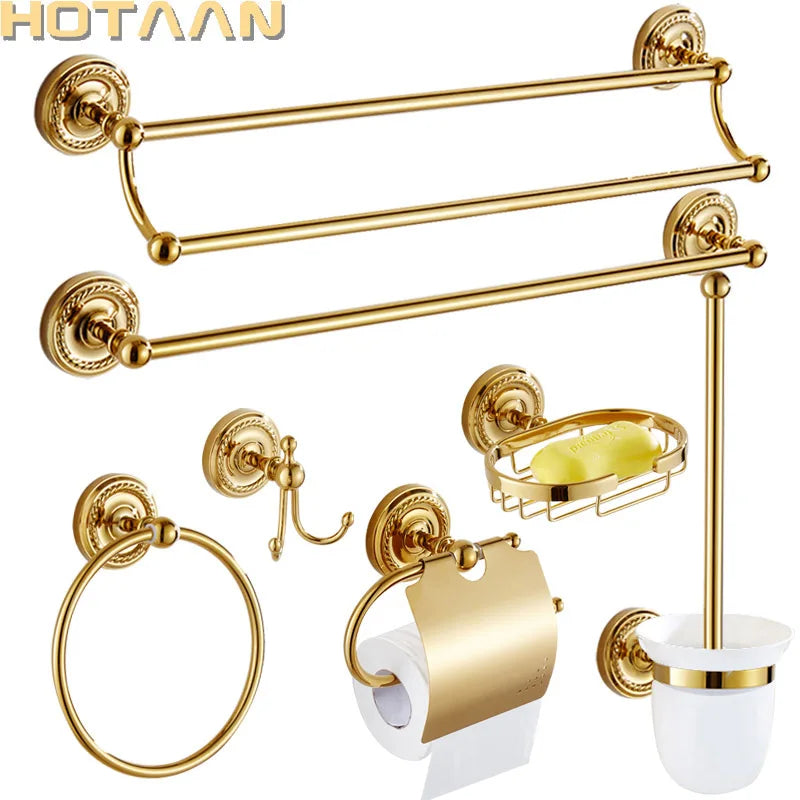 Afralia™ Gold Brass Bathroom Accessories Set: Robe Hook, Paper Holder, Towel Bar, Towel Ring