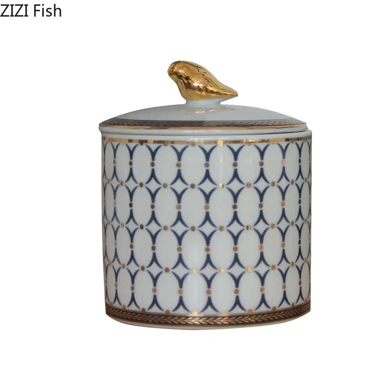 Afralia™ Gold Plated Ceramic Storage Jar with Candle Cup Cosmetic Containers Desk Decoration