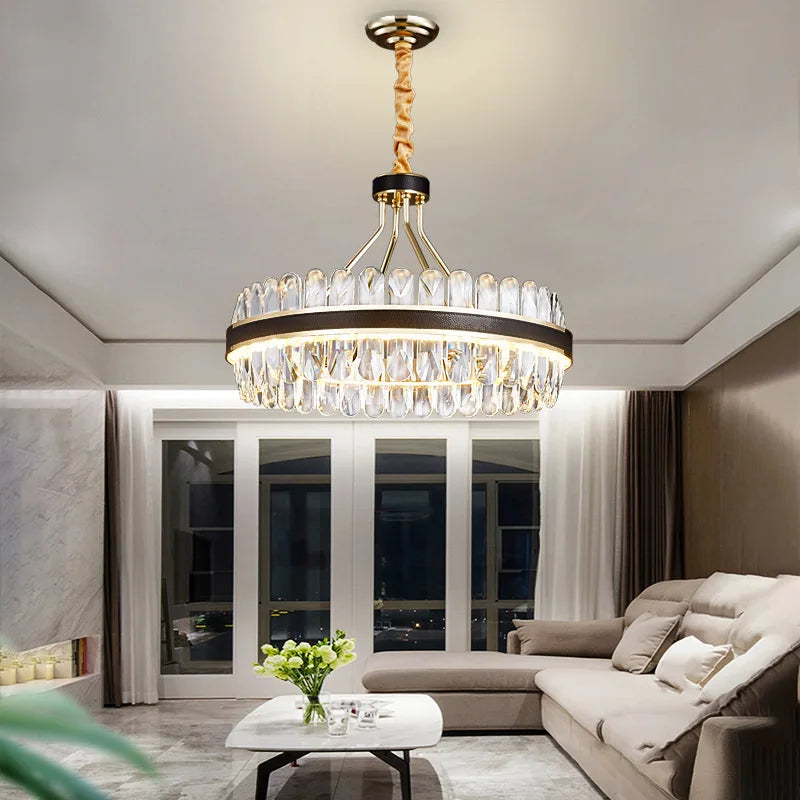 Afralia™ Black Gold Round LED Crystal Chandelier for Living Room - Modern Suspension Luminaire