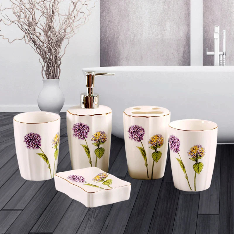 Afralia™ Ceramic Bathroom Set: Toothbrush Holder, Tumbler, Lotion Dispenser, Soap Dish, Storage