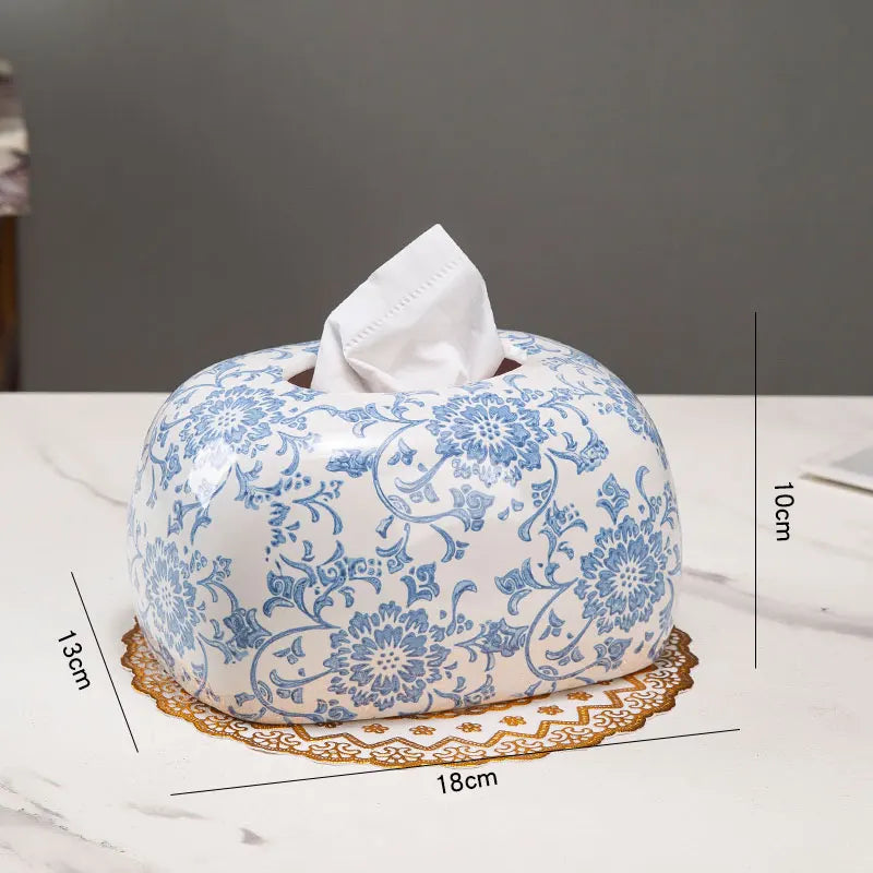 Blue and White Porcelain Tissue Box by Afralia™: Ceramic Desk Decor & Paper Towel Case