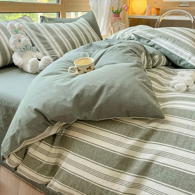 Afralia™ Cotton Striped Bedding Set Yarn Dyed Washed Duvet Cover Single Bedclothes