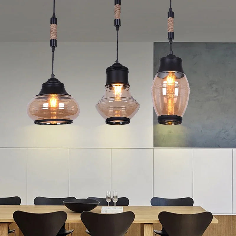 Afralia™ Vintage Industrial Iron Chandelier E27 Pendant Light with Amberglass