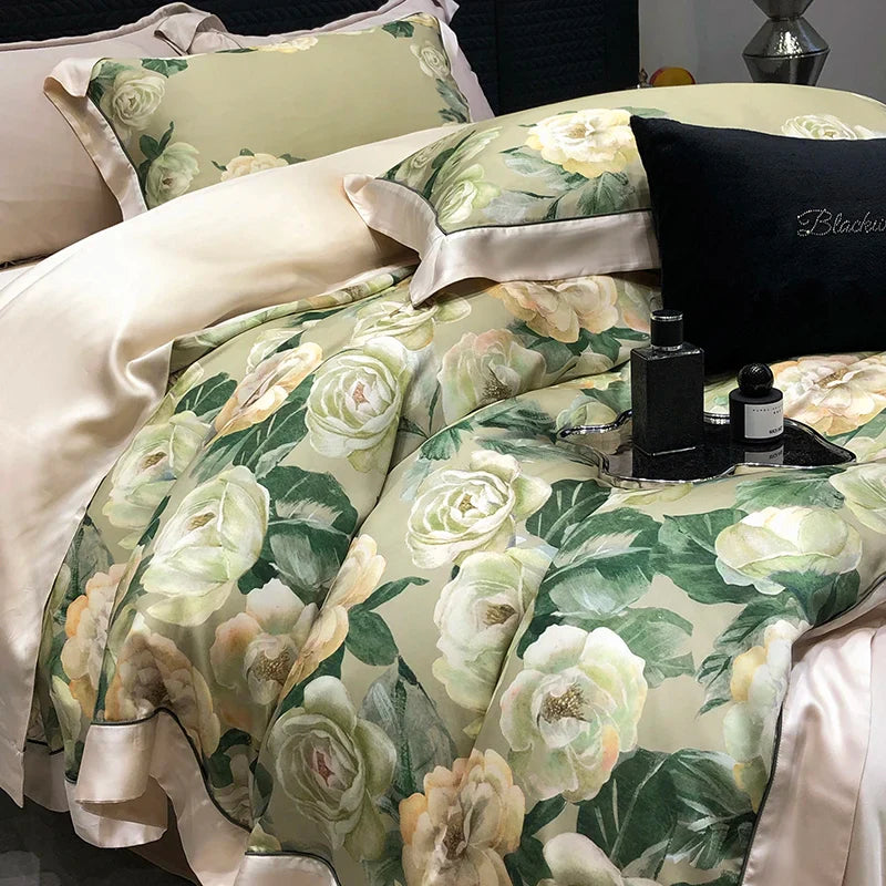 Afralia™ Rose Flowers Bamboo Fiber Bedding Set: Soft & Silky, 1 Duvet Cover, 2 Pillowcases, 1 Flat Sheet