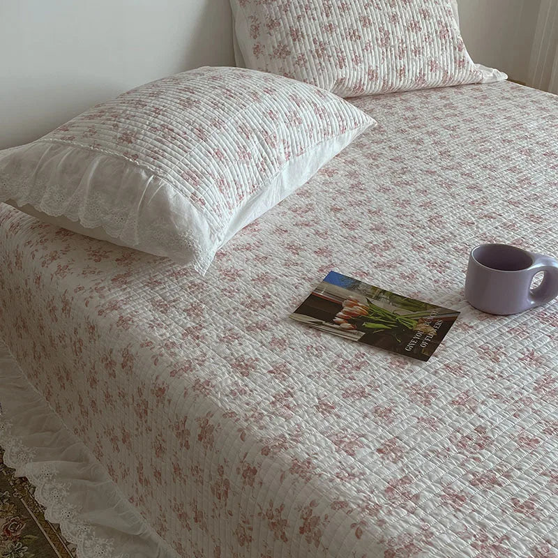 Afralia™ Floral Lace Ruffles Cotton Bedspread Set with Quilted Design & Pillowcases