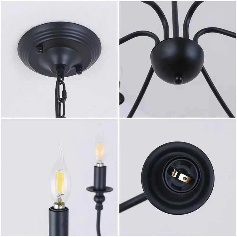 Afralia™ Black Iron Chandelier LED Candle Light Fixture for Home & Hospitality