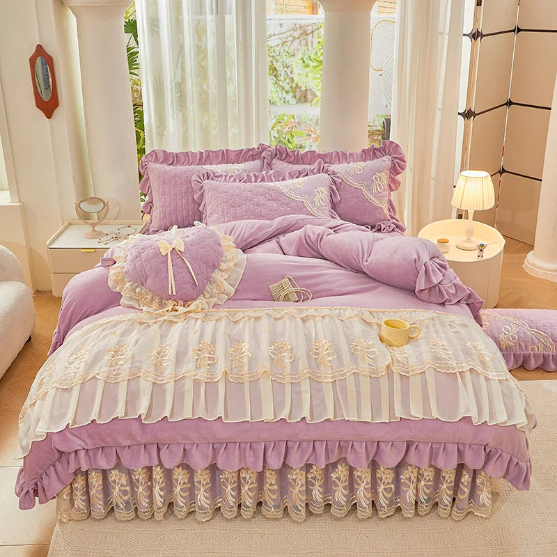 Afralia™ Princess Burgundy Red Velvet Bedding Set - Duvet Cover, Bed Skirt, Bedspread, Pillowcases