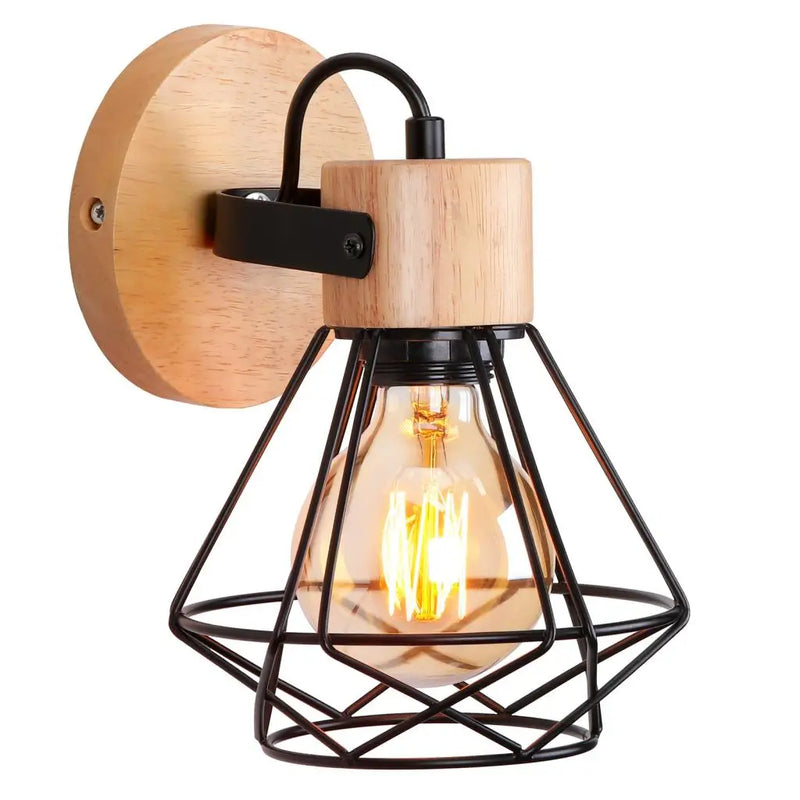 Afralia™ Vintage Iron Wood Wall Sconce Cage Guard Lighting Fixture for Indoor Walls