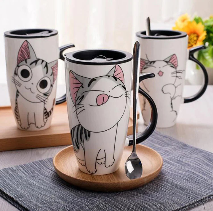 Ceramic Cat Mug with Lid, Cute Coffee Tea Cup, 600ml, Novelty Gift for Afralia™