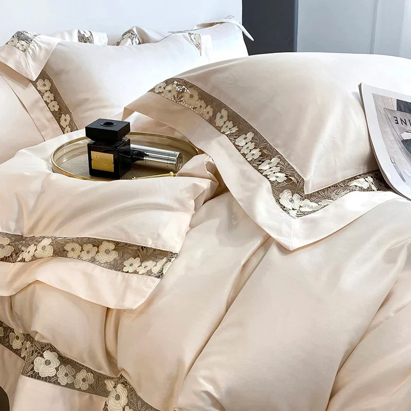 Afralia™ Luxury Egyptian Cotton Flowers Duvet Cover Set, Champagne Grey, Orange