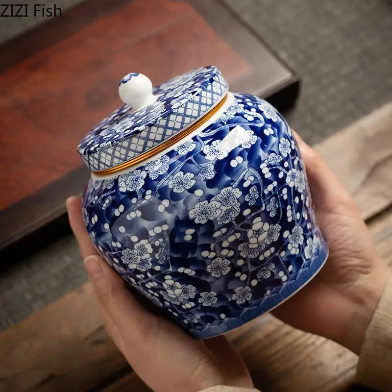 Afralia™ Blue White Porcelain Tea Canister Organizer Box Coffee Container Caddy Jar