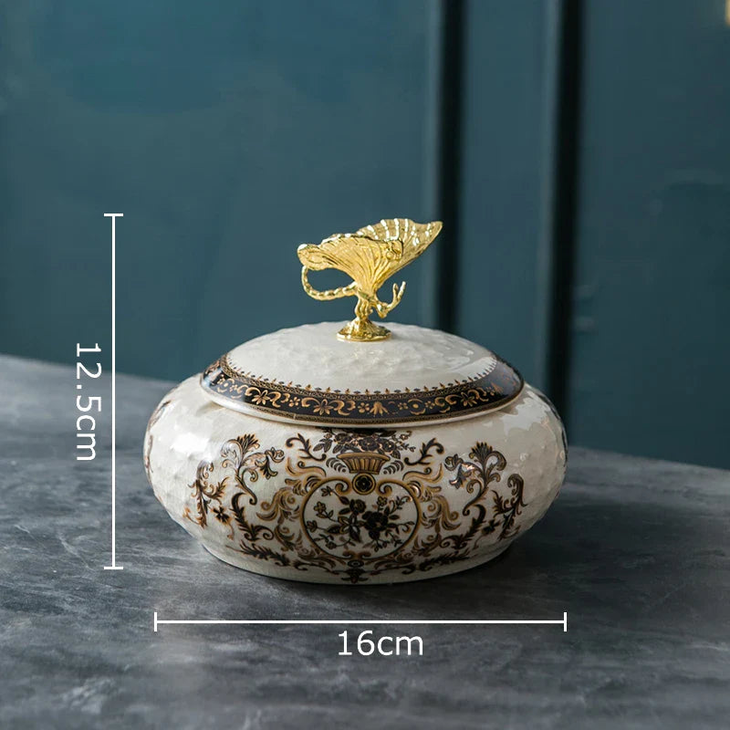 Afralia™ Dragonfly Lid Ceramic Jewelry Box - Round Floral Pattern Storage Jar
