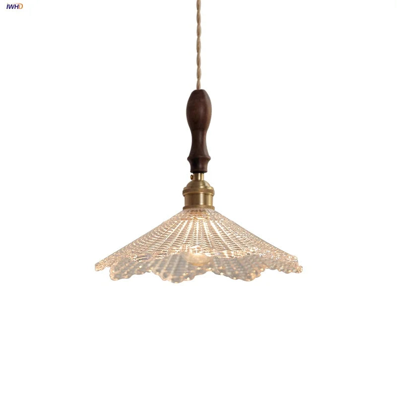 Afralia™ Nordic Walnut Wood LED Pendant Light Clear Glass Hang Lamp