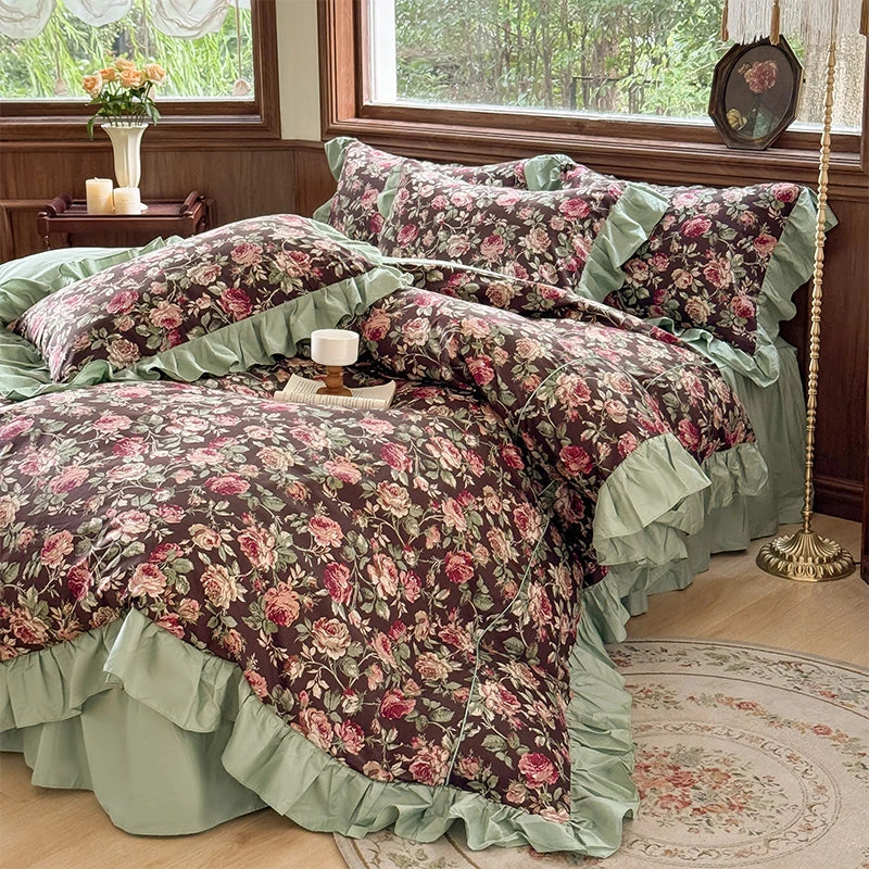 Afralia™ Princess Ruffles Rose Flowers Bedding Set with Pillowcase - 4Pcs