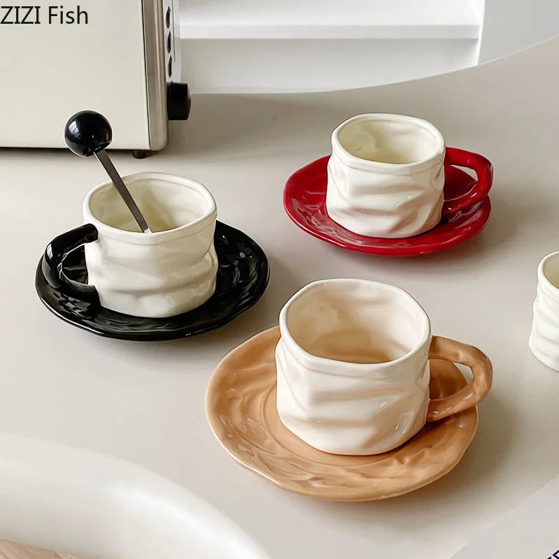 Afralia™ Pleated Paper Ceramic Cup&saucer Set - Elegant Dining Coffee Mug Tea Cup Juice Container