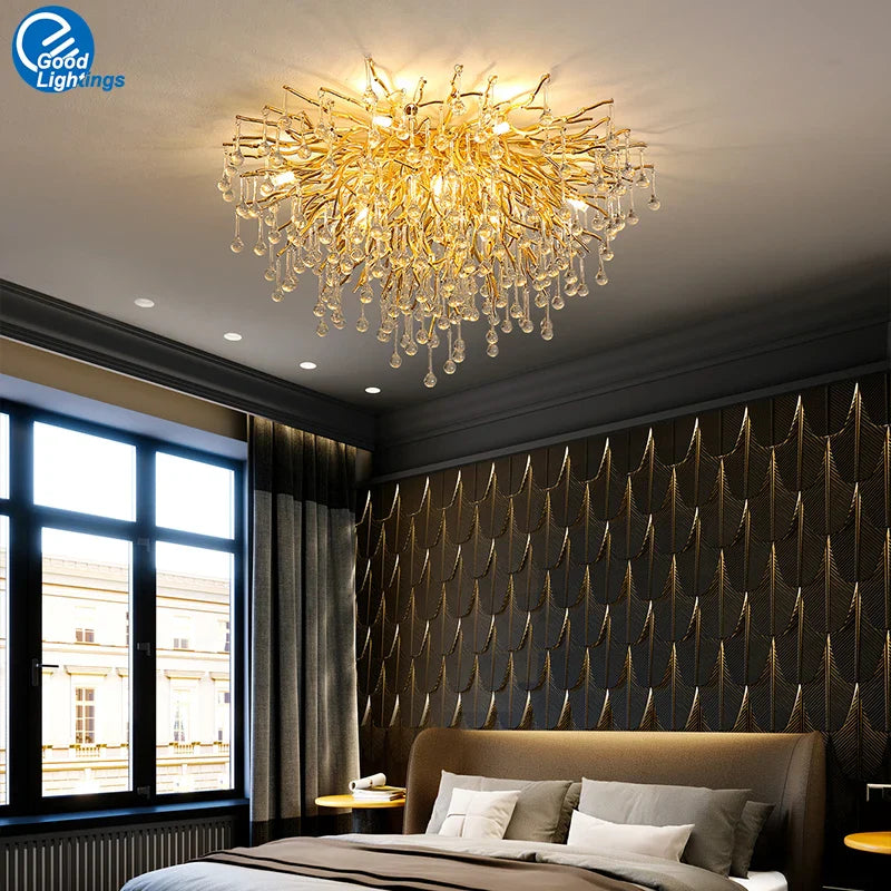 Afralia™ Crystal Teardrop Gold Ceiling Chandelier for Elegant Living Room Bedroom Dining Kitchen