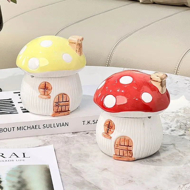 Afralia™ Mushroom Ceramic Ashtray with Lid – Home Art Decor, Countertop Ornament & Gift