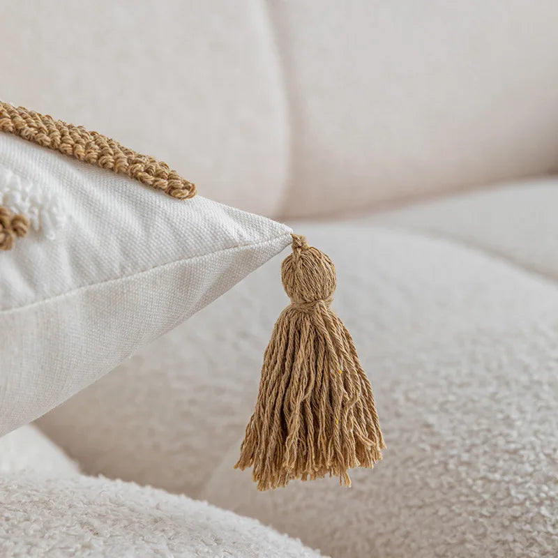 Afralia™ Geometric Cotton Embroidered Pillow Case with Tufted Fringe, Decorative Sofa Cushion Cover