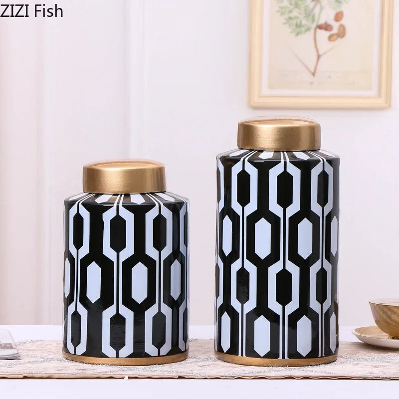 Afralia™ Geometric Stripes Ceramic Vase Home Decor Storage Tank Living Room Table