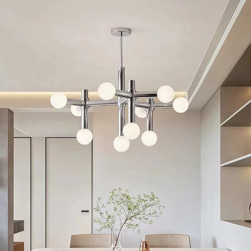 Afralia™ Tubular Chrome Chandelier with White Glass Shades - Modern Mid-Century Lighting