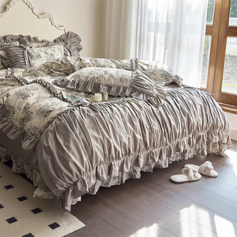 Afralia™ French Vintage Flowers Cotton Bedding Set with Lace Ruffles & Pleats