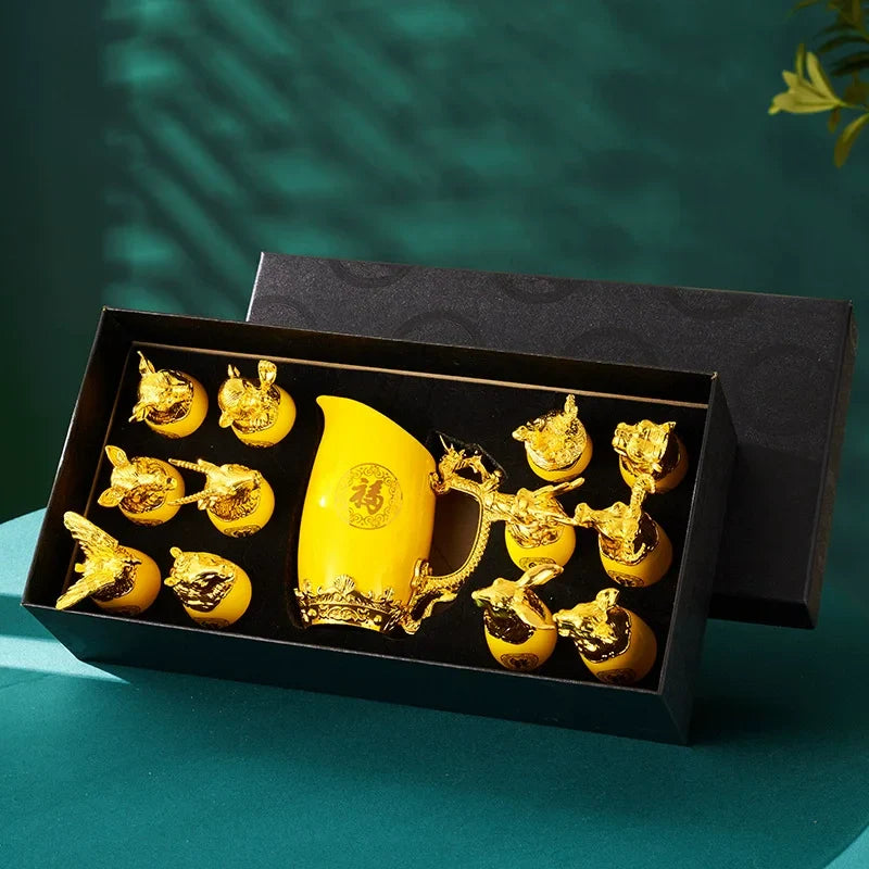 Afralia™ Gold Twelve Animal Head Ceramic Wine Shot Glasses Set for Home Decoration
