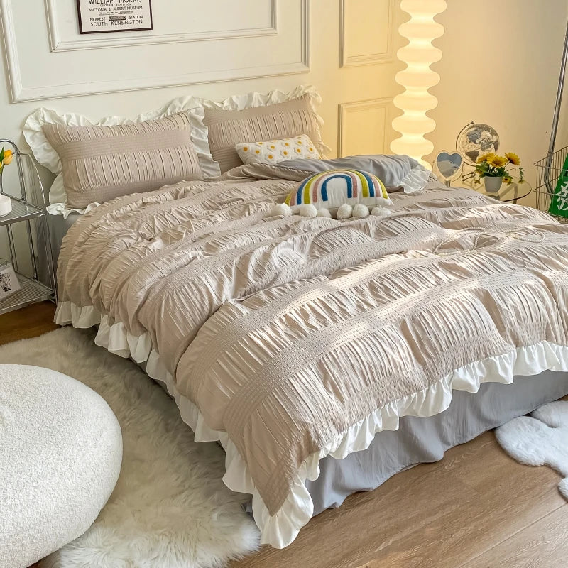 Afralia™ Seersucker Ruffled Duvet Cover Set - Soft Green Pink Grey Bedding