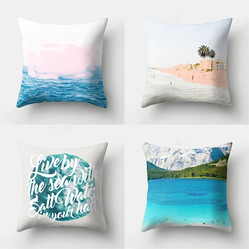 Afralia™ Summer Blue Ocean Floral Geometric Pillowcase