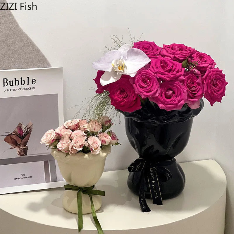 Afralia™ Ceramic Vase with Artificial Flowers Bouquet for Desk and Room Decoration