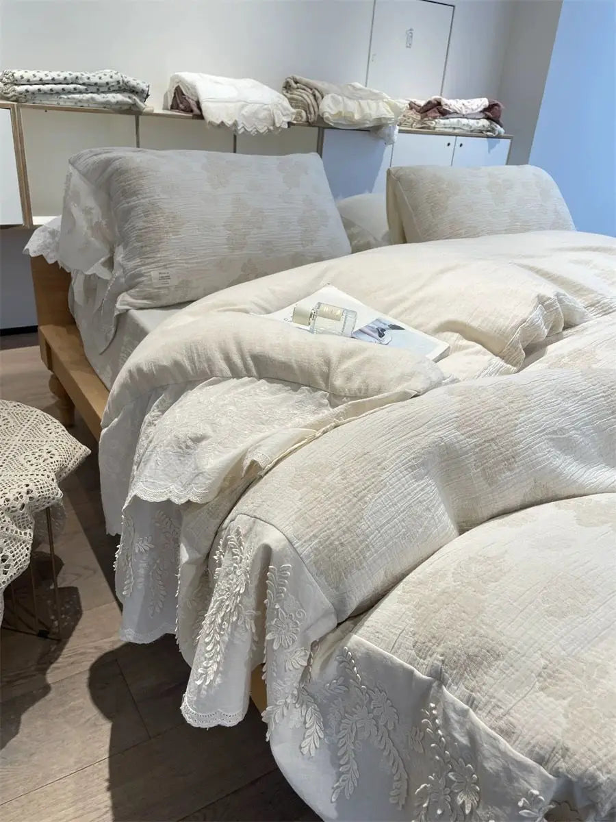 Afralia™ Vintage Jacquard Ruffles Bedding Set with Three Layers Yarn Lace