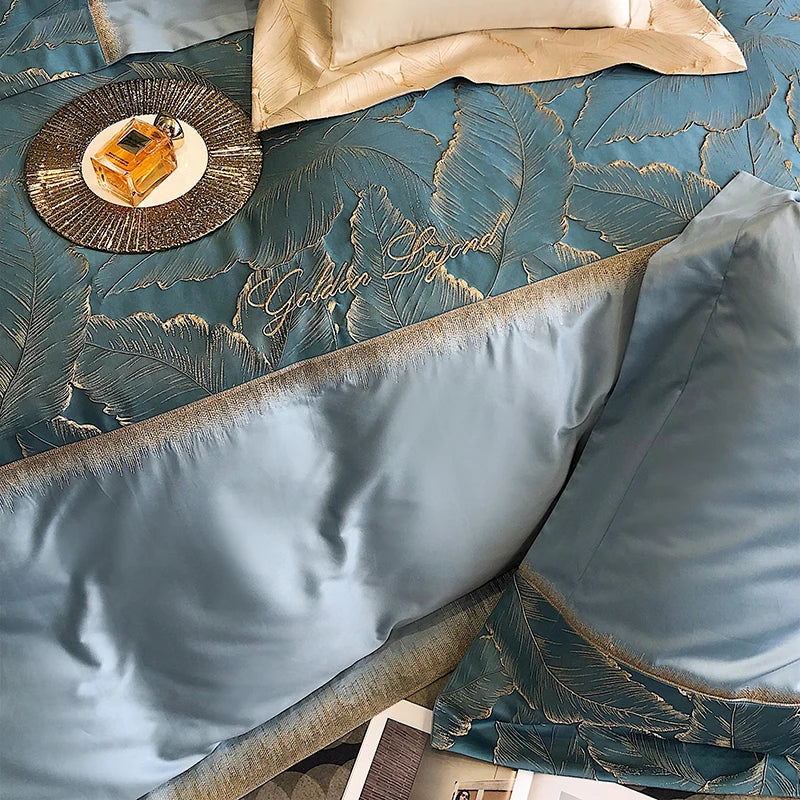 Afralia™ Luxe Gold Leaves Satin Jacquard Embroidery 1000TC Egyptian Cotton Bedding Set