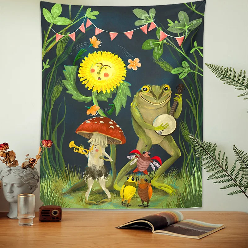 Frog Mushroom Tapestry Wall Hanging by Afralia™: Psychedelic Forest Animals Gathering Art Home Decor