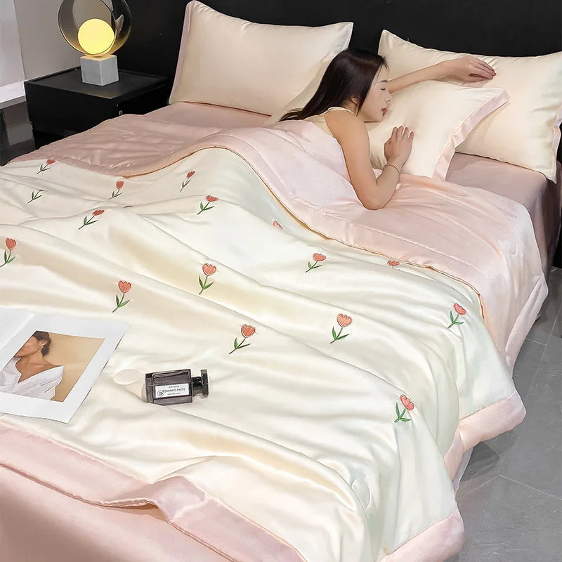 Afralia™ Bowknot Embroidered Summer Bedding Set - Soft & Skin-friendly Quilt, Duvet, Pillowcases