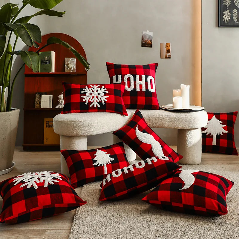 Afralia™ Red & Black Plaid Christmas Cushion Covers - Festive Embroidered Pillowcase for Home Décor