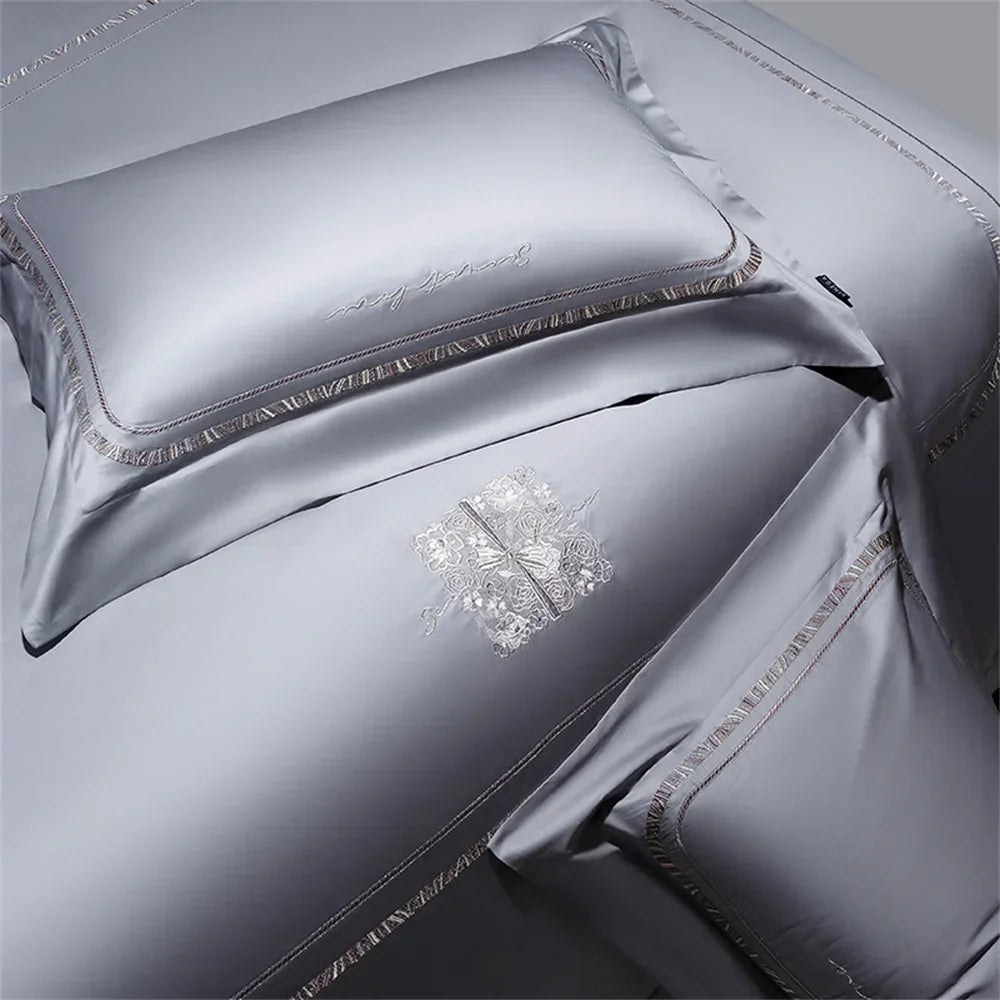 Afralia™ Cotton Satin Jacquard Embroidery Bedding Set with Elastic Sheet & Duvet Cover