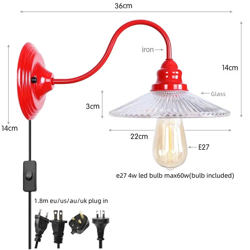 Afralia™ Vintage Loft Red Glass LED Wall Lamp for Indoor Living Spaces
