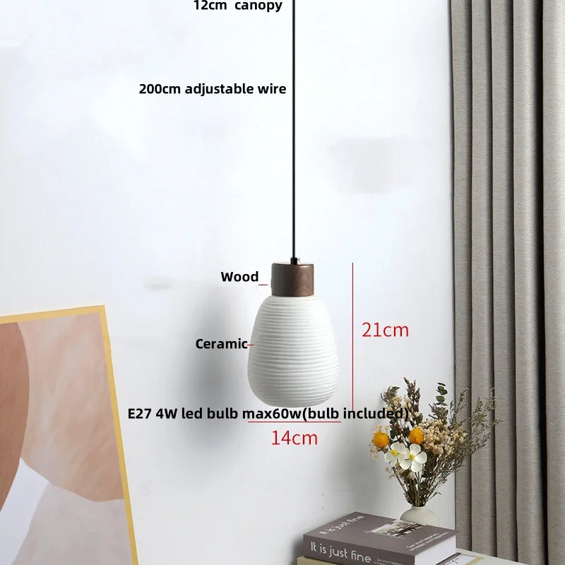 Afralia™ Nordic LED Pendant Light Wood White Ceramic Hanging Lamp