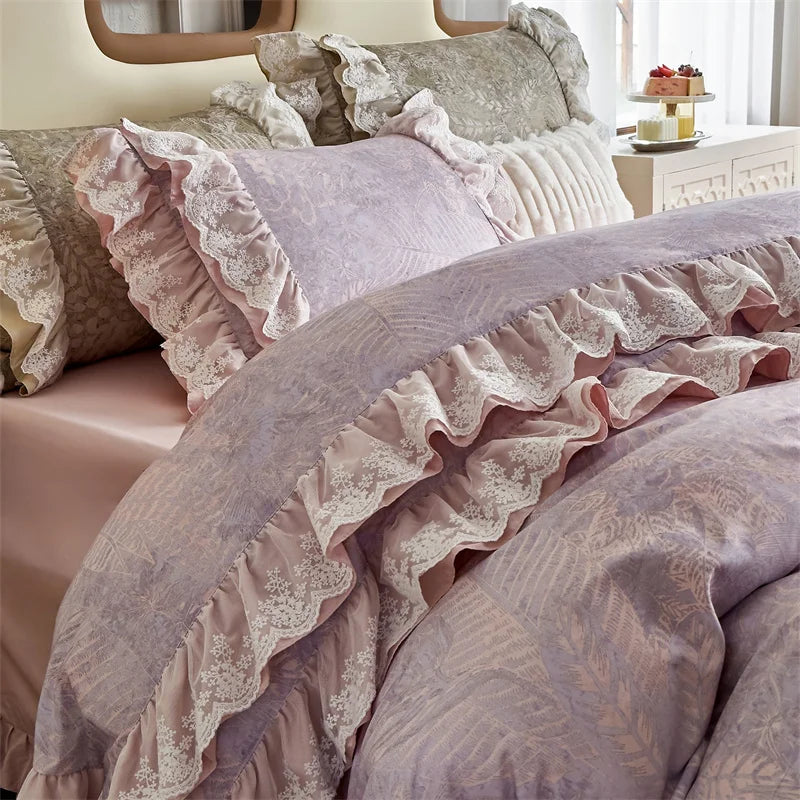 Afralia™ Purple Vintage Lace Ruffles Bedding Set with Egyptian Cotton Duvet Cover