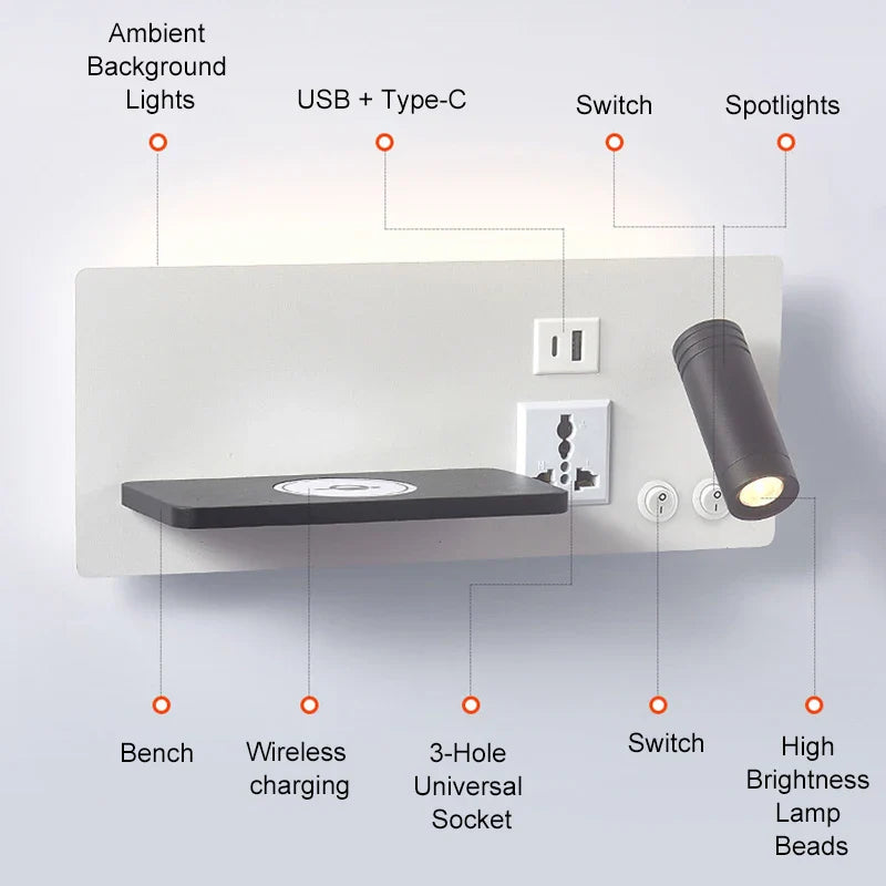 Afralia™ Wireless Charging Wall Lamp Modern Reading USB Ambient Light