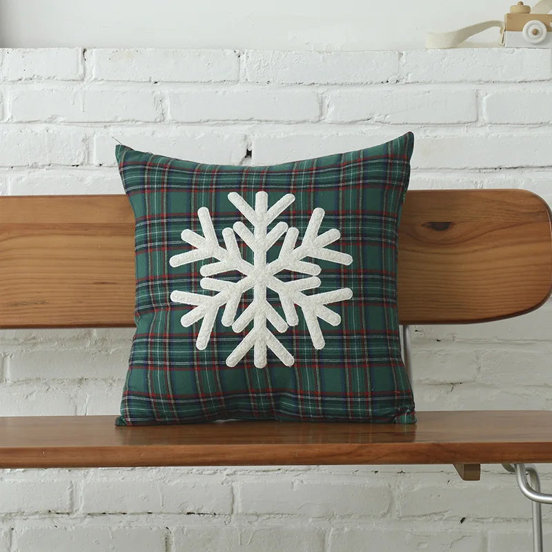 Afralia™ Christmas Plaid Cotton Cushion Cover with Letter Snowflake Embroidery