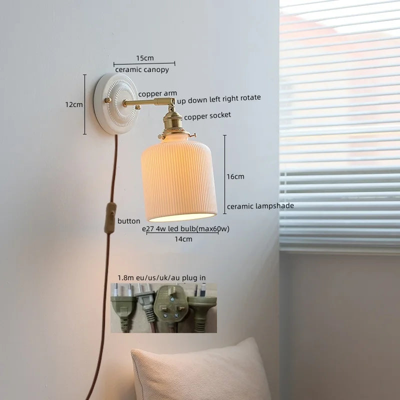 Afralia™ Vintage Ceramic LED Wall Sconce Light with Copper Pull Chain Switch