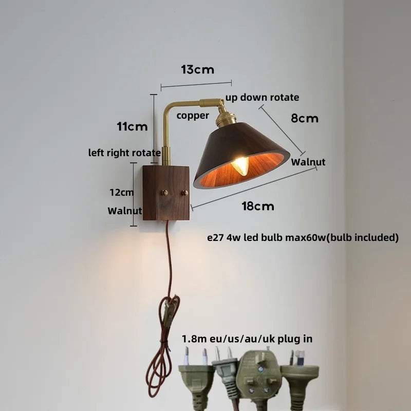 Afralia™ Walnut Wood LED Wall Lamp Sconce with Pull Chain Switch Rotation Mirror Light