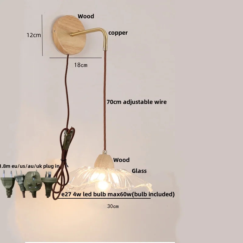 Afralia™ Clear Glass LED Wall Lights with Wood Pull Chain Switch, Modern Art Bedside Lamp