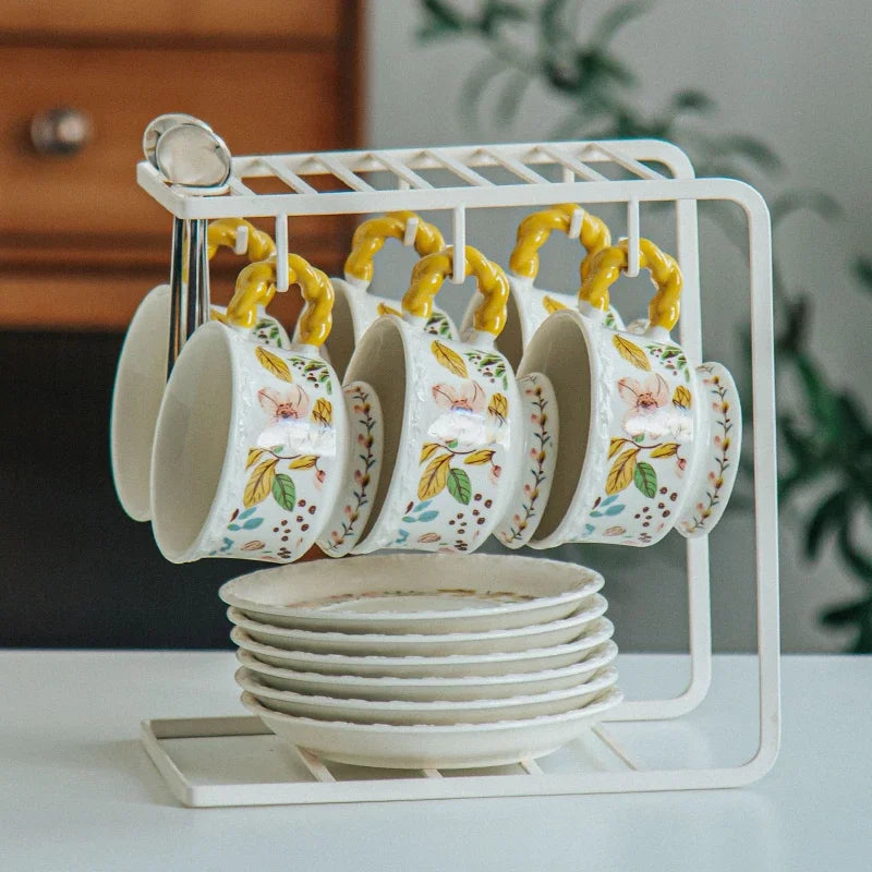 Afralia™ Floral Lace Ceramic Tea Cup & Saucer Set - Elegant Dining Table Drinkware