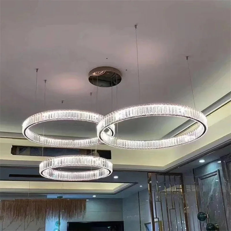 Afralia™ Crystal LED Chandelier Rings Pendant Lamp Luxury Villa Stair Decoration