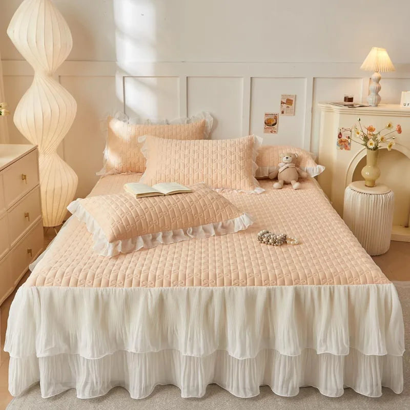Afralia™ Lace Ruffles Cooling Bed Skirt Set with Pillowcases